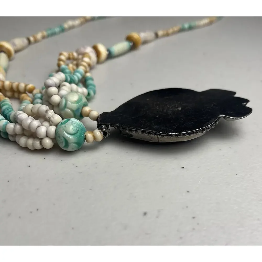 Mosaic Teardrop Pendant Western Tribal Multi Strand Beaded Necklace Silver Tone
